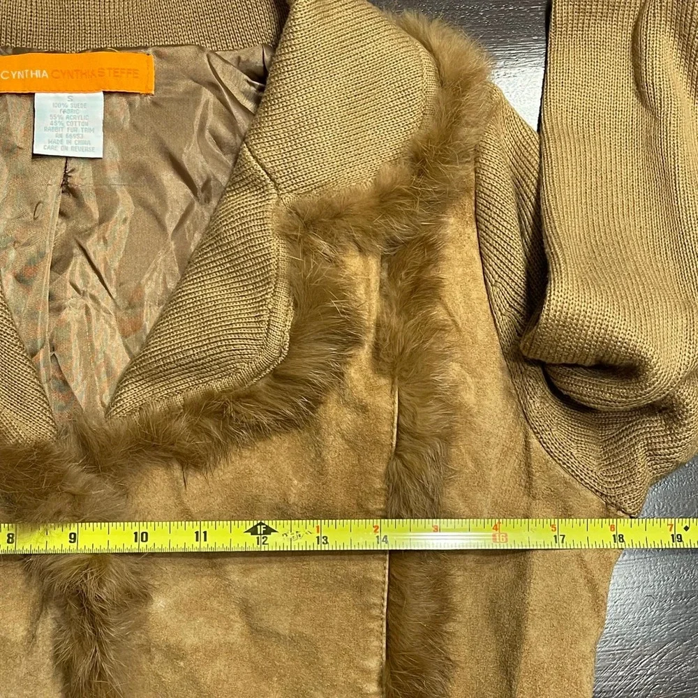 Cynthia Steffe Suede Knit Rabbit Fur Trimmed‎ Coat Duster Jacket Penny Lane